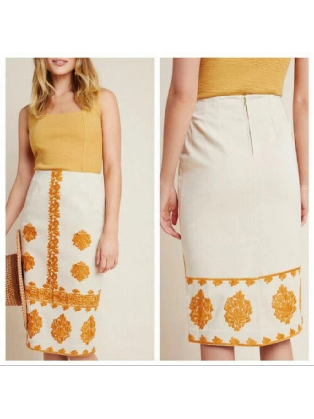 Anthropologie Tan Verona Embroidered Bohemian Pencil Skirt Size 4‎ Career Wear